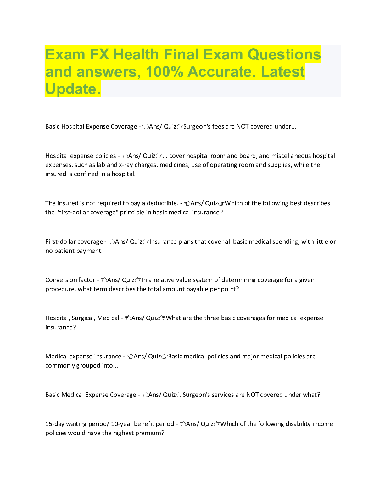 Preview image for Exam FX Health Final Exam Questions  and answers, 100% Accurate. Latest  Update. Basic Hospital